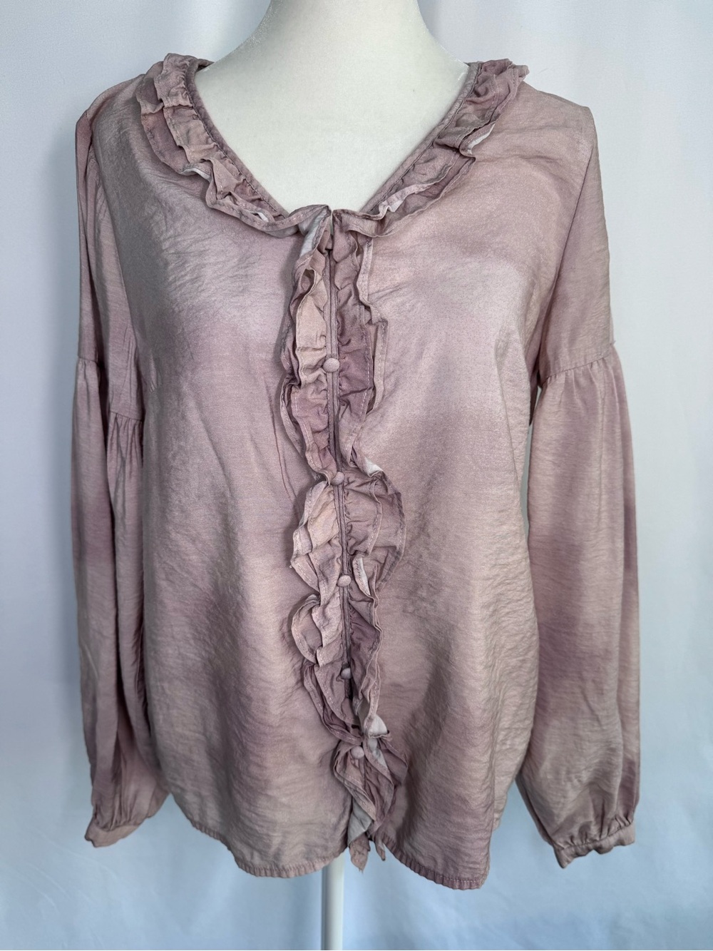 Jennie Garth Sterling Satin Ruffle Blouse Mauve XXS V-Neck Balloon Sleeve